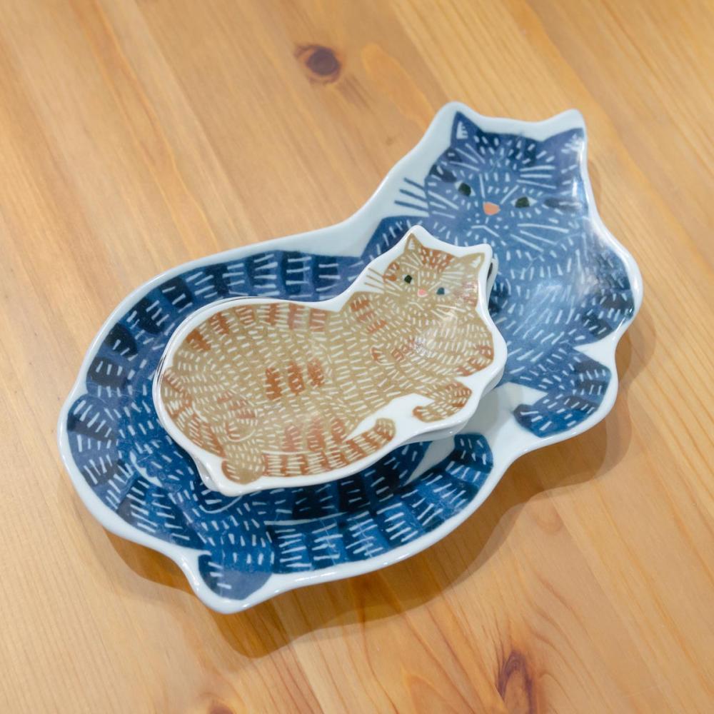 中皿  ねこ(大) 青猫 katakata 約21.5cm×12cm 印判手皿 【ホーム】 【食器】