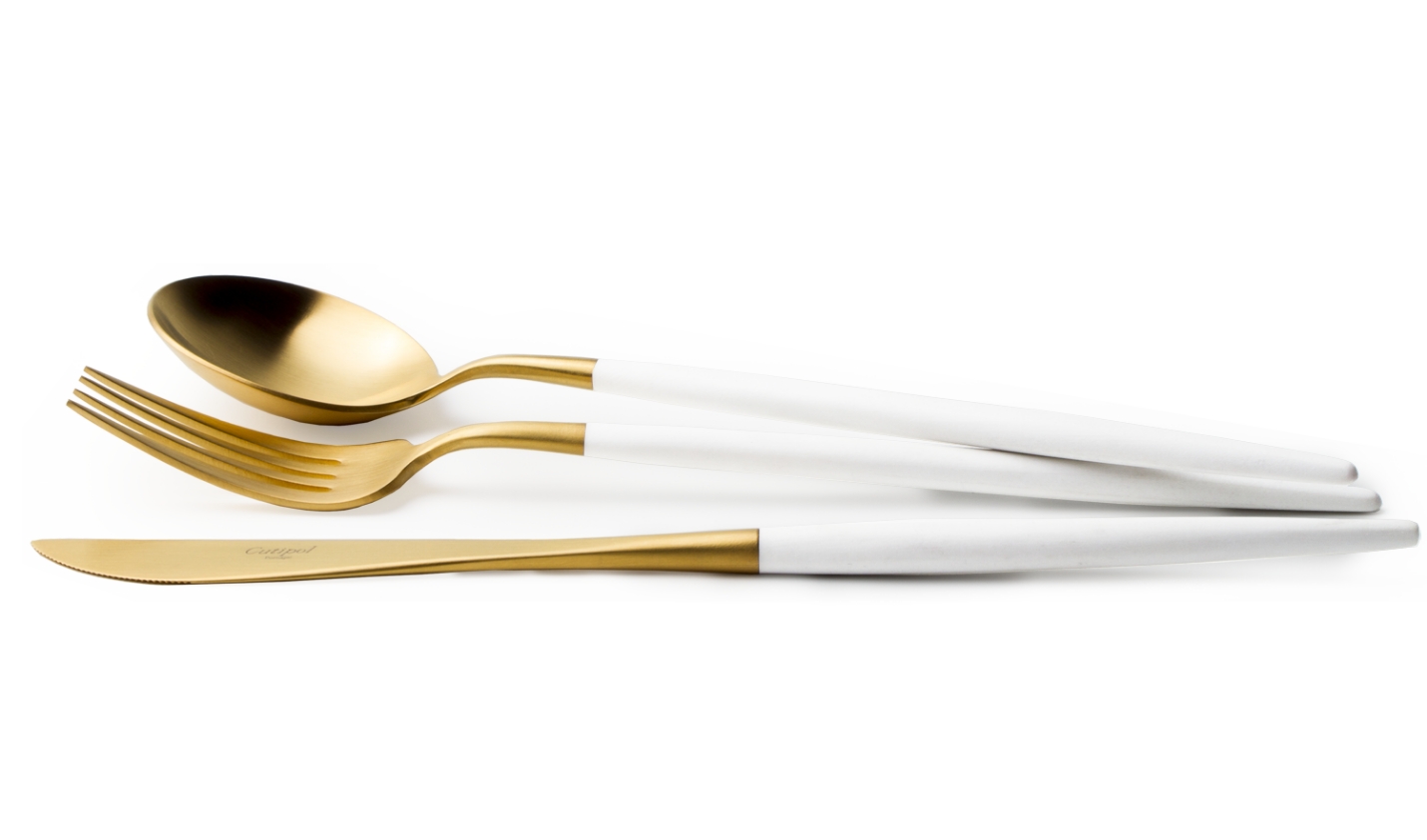 ゴアシリーズのホワイトマットゴールドのスプーン、フォーク、ナイフ